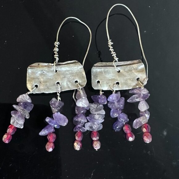 Amethyst Gemstone Purple Sterling Silver 925 Earrings Handmade Rustic Scrap - Picture 4 of 9